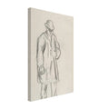A black chalk sketch by Camille Pissarro of a standing peasant man wearing a hat and coat on vertically-lined, off-white paper. — Slim Canvas