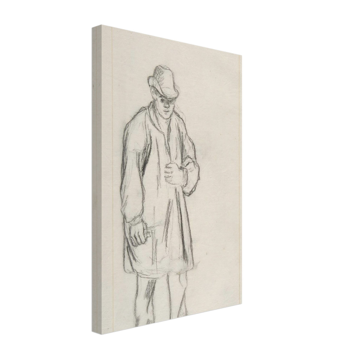 A black chalk sketch by Camille Pissarro of a standing peasant man wearing a hat and coat on vertically-lined, off-white paper. — Slim Canvas