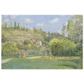 Impressionist painting of a French rural landscape with a cowherd and cow on a path, rolling green hills, and a house in the distance under a blue sky. — Aluminum Print