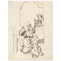 Pen and ink sketch by Rembrandt depicting a domestic scene with three women and a child near an arched doorway. The style is loose and expressive. — Aluminum Print
