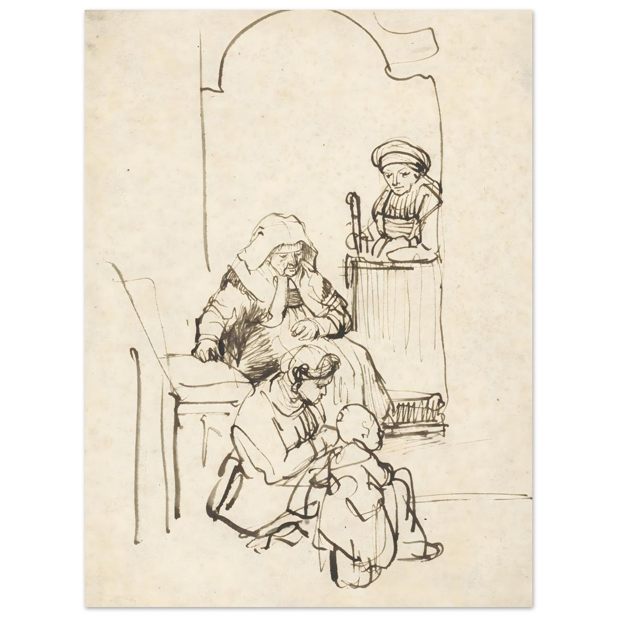 Pen and ink sketch by Rembrandt depicting a domestic scene with three women and a child near an arched doorway. The style is loose and expressive. — Aluminum Print