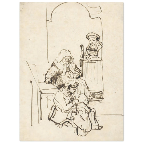 Pen and ink sketch by Rembrandt depicting a domestic scene with three women and a child near an arched doorway. The style is loose and expressive. — Aluminum Print