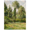 Impressionist painting of a sunlit meadow bordered by a dense forest of tall poplar trees under a partly cloudy sky. A small figure stands by a fence. — Museum-Quality Poster