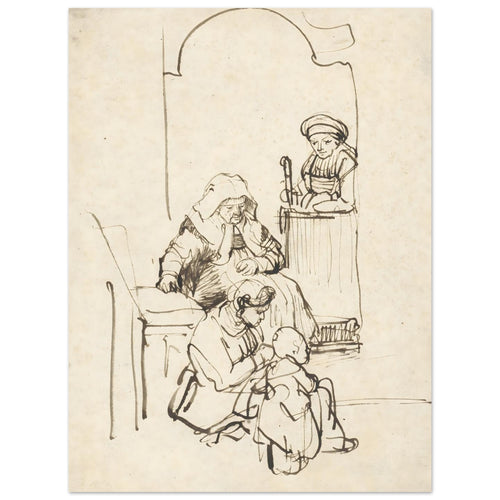 Pen and ink sketch by Rembrandt depicting a domestic scene with three women and a child near an arched doorway. The style is loose and expressive. — Aluminum Print