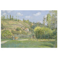 Impressionist painting of a French rural landscape with a cowherd and cow on a path, rolling green hills, and a house in the distance under a blue sky. — Aluminum Print