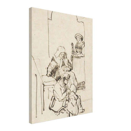 Pen and ink sketch by Rembrandt depicting a domestic scene with three women and a child near an arched doorway. The style is loose and expressive. — Slim Canvas