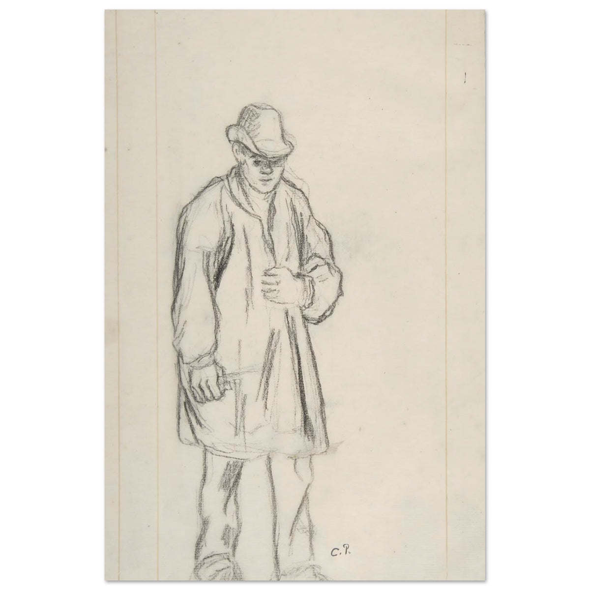 A black chalk sketch by Camille Pissarro of a standing peasant man wearing a hat and coat on vertically-lined, off-white paper. — Museum-Quality Poster